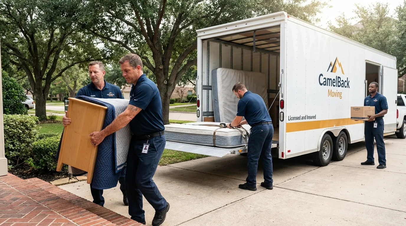 Crew loading residential truck for cross-state move from Guthrie, TX