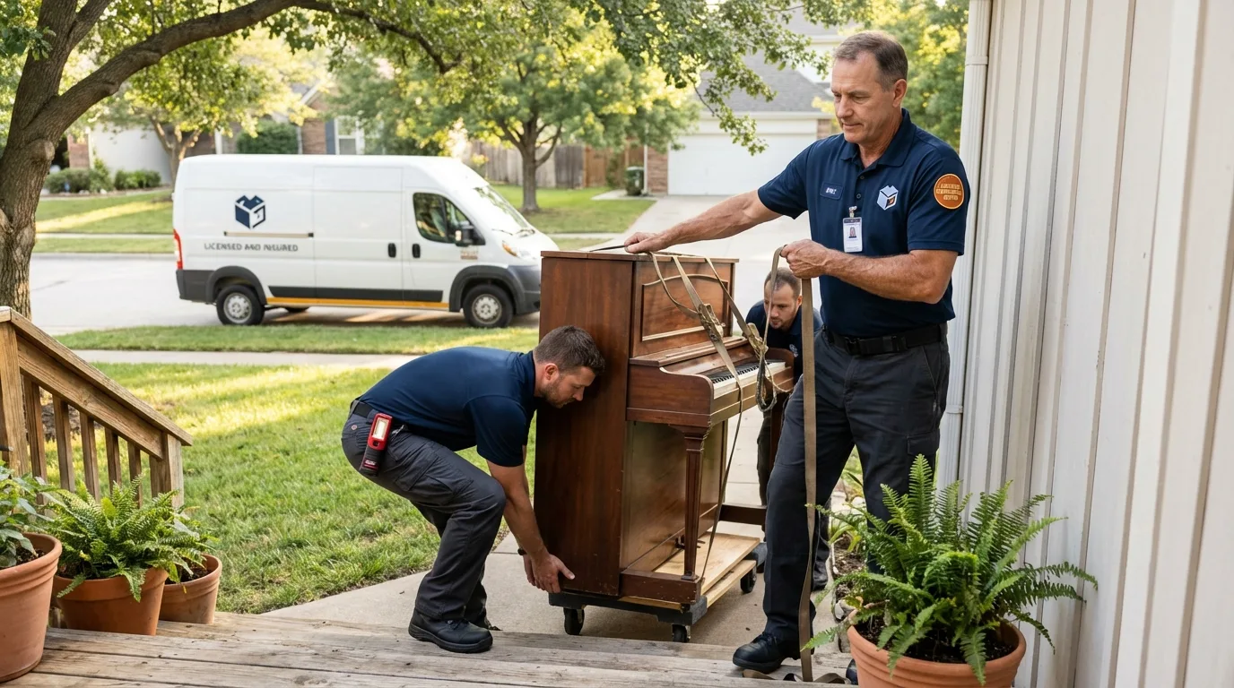 Licensed piano movers securing grand piano in Guthrie, TX