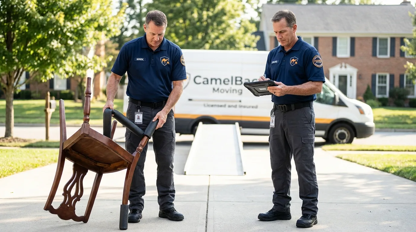 Movers inspecting furniture for damage prevention before loading in Guthrie, TX